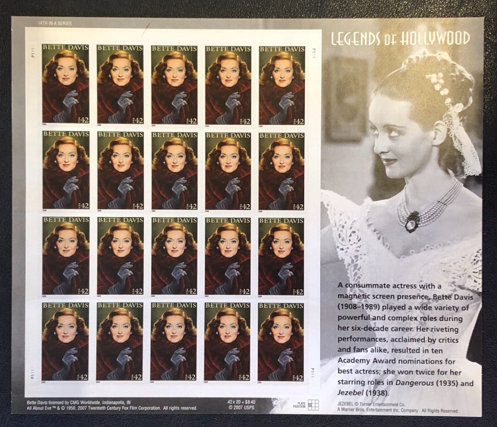 Bette Davis 2007 Legends of Hollywood 42¢ Stamp 20ct Sheet U.S. Postage