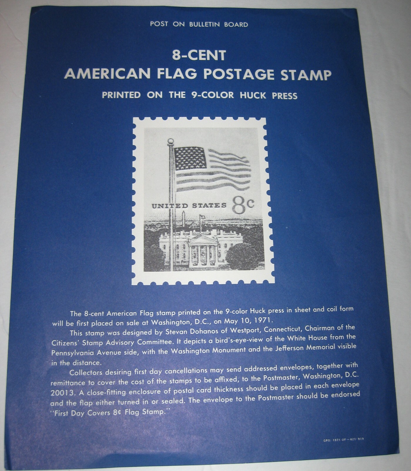 U S Stamp POSTER “8 CENT AMERICAN FLAG POSTAGE STAMP” 8″ x 10,” ORIGINAL SC#1338