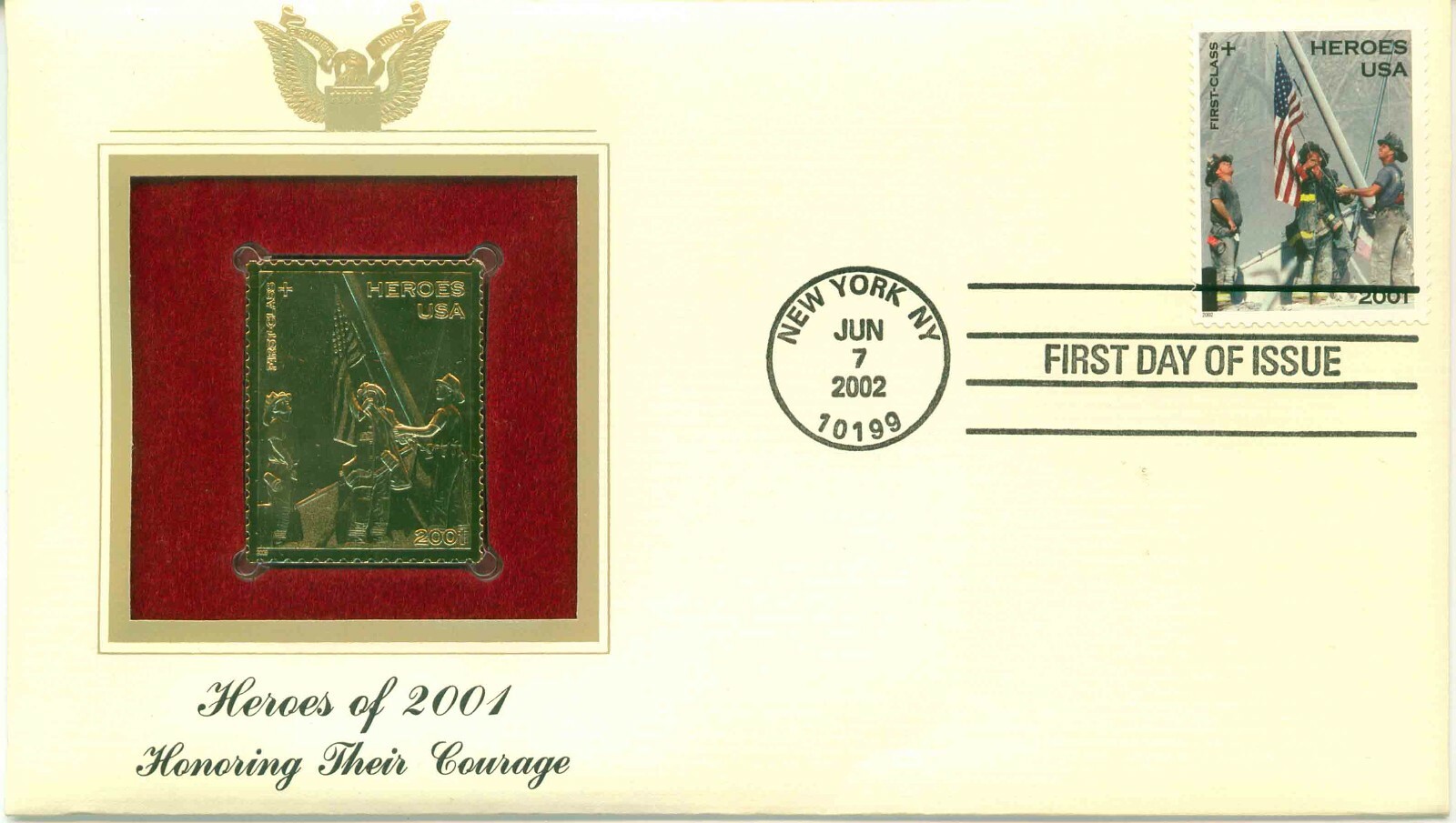 First Day Of Issue Jun 7 02 New York NY 22kt Gold Replica Heroes Of 2001