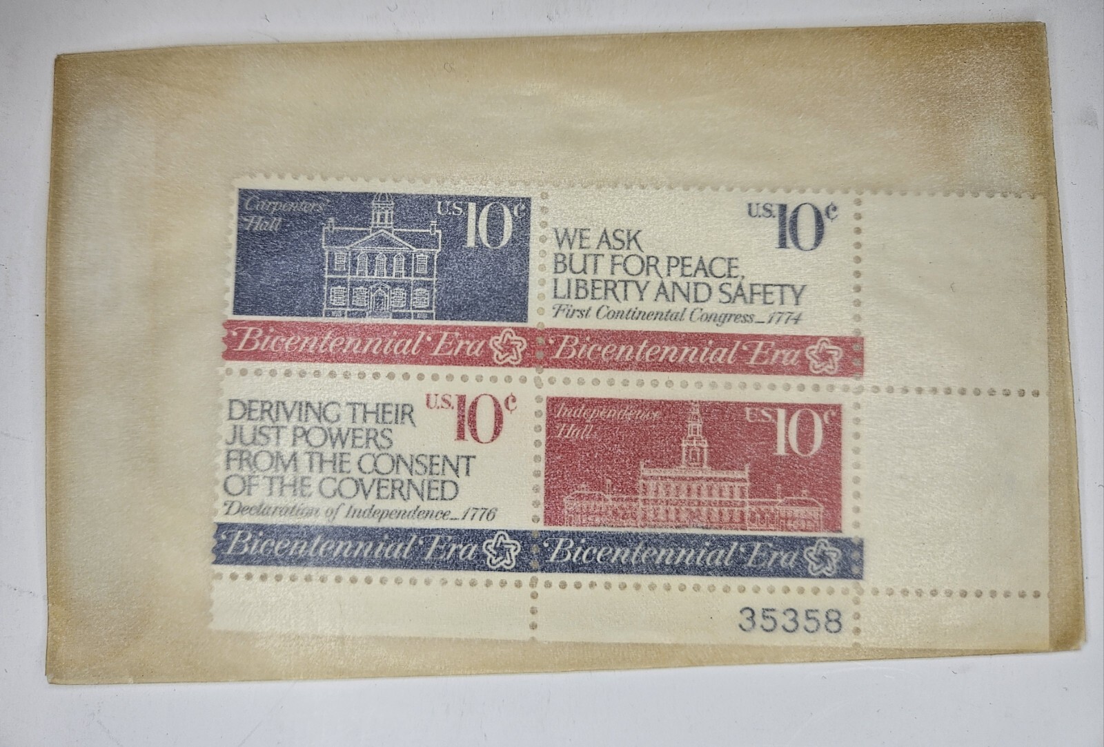 Historical Plate Block 4 different 10 cent Unused US Stamps 1974 & OG Envelope