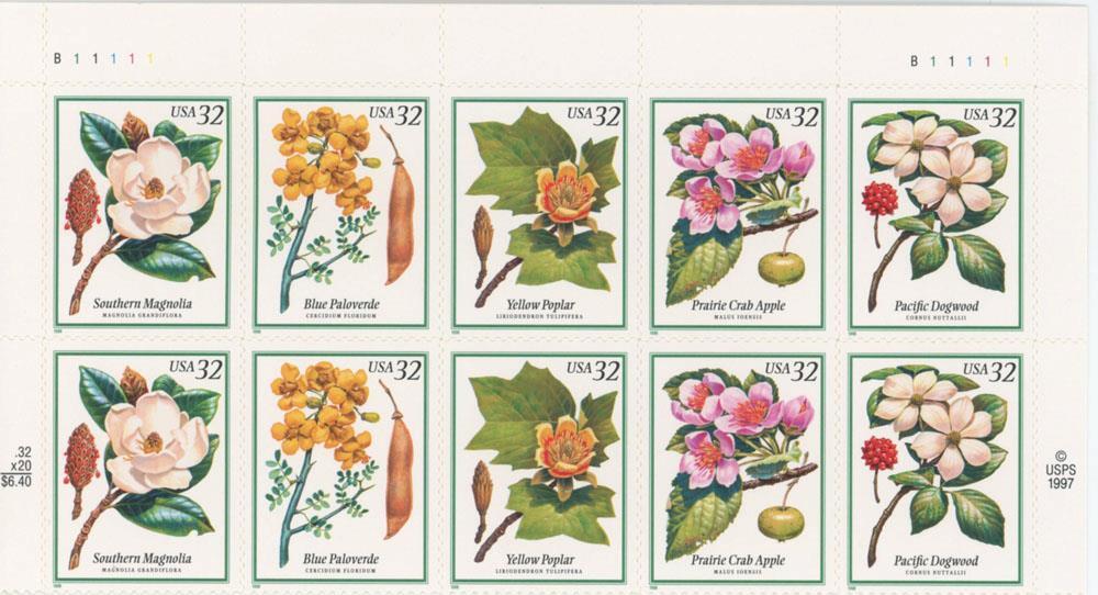 US SCOTT 3193 – 3197a HALF SHEET OF 10 FLOWERING TREES 32 CENTS FACE MNH