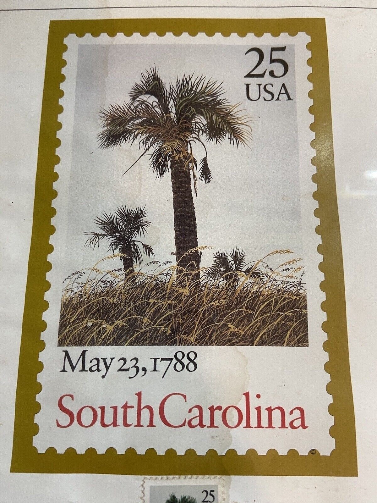 1988 South Carolina Statehood Bicentennial Stamp Framed Print USPS 25c Palm Tree