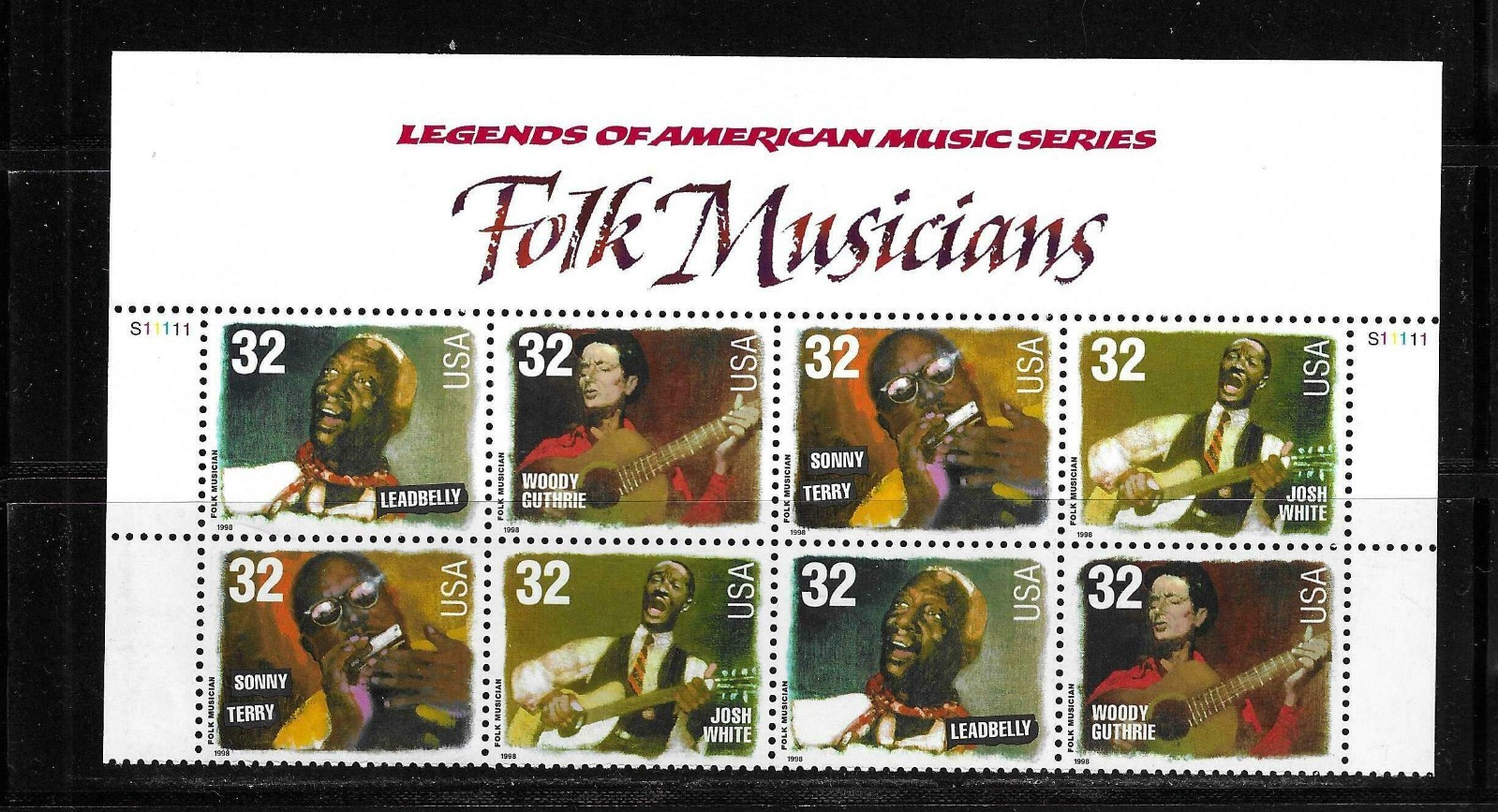 USA SC # 3215a American Music series – Folk Musicians – BLK8 / Banner . MNH