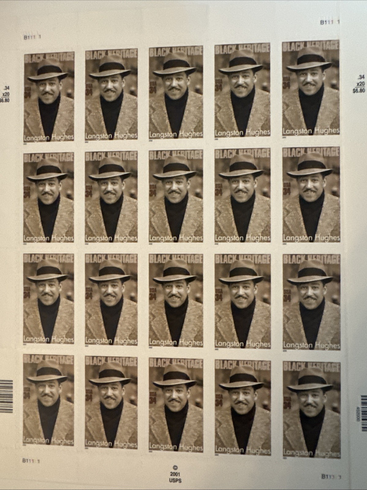 US SCOTT 3557 (2) PANES OF 20 LANGSTON HUGHES STAMPS 34 CENT FACE MNH