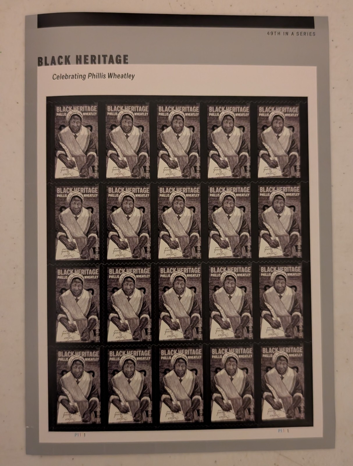 USPS Black Heritage Phillis Wheatley Forever Stamps Full Sheet of 20 Collectible