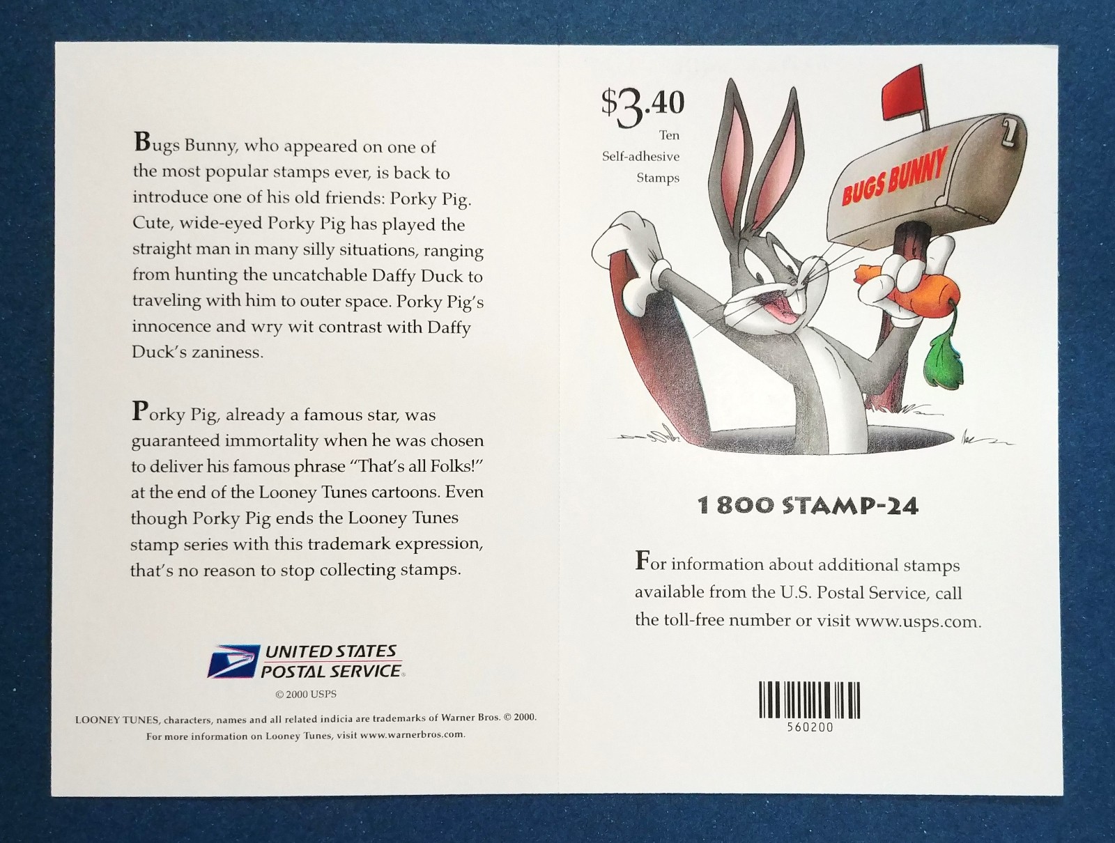 2001 34 cent Porky Pig full Sheet of 10 Scott #3534, Mint NH