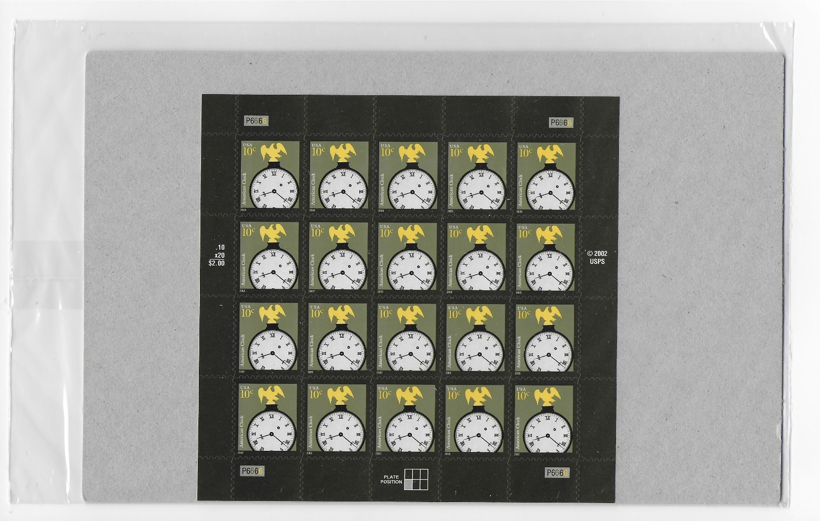 PANE OF 20 AMERICAN CLOCK 10 CENT STAMPS US SCOTT 3757 SEALED