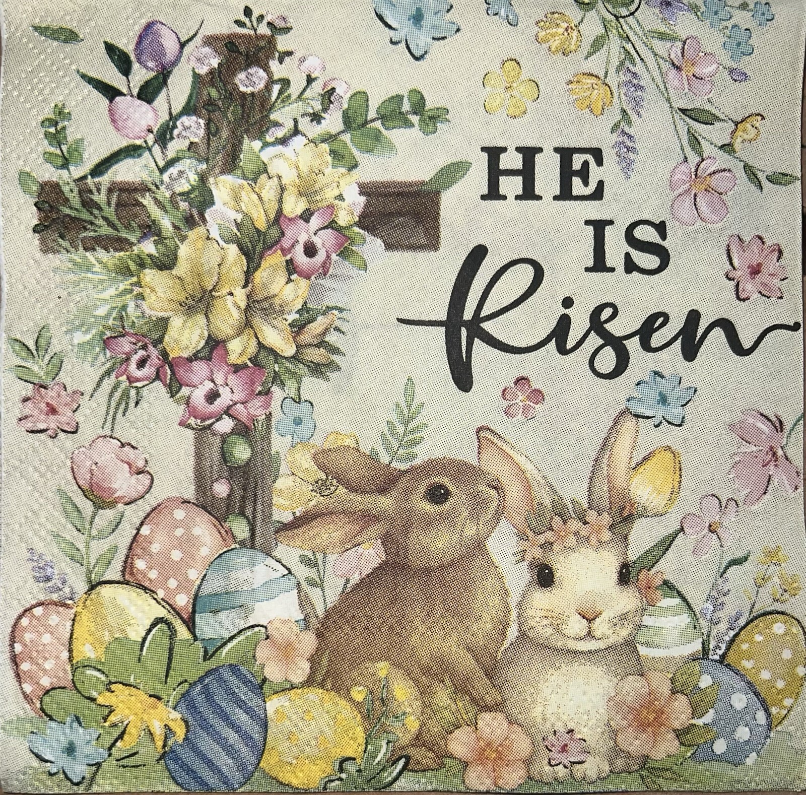 TWO Paper Beverage Decoupage Craft Napkins Easter Cross/He Is risen Rabbits 5”x5