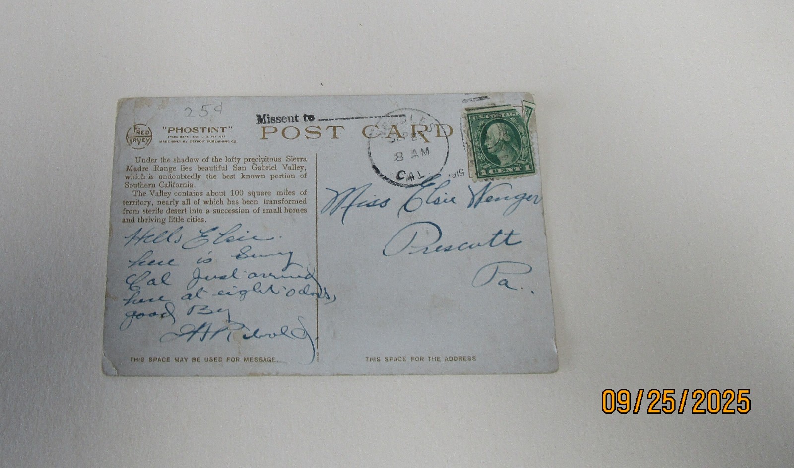 WASHINGTON 1 CENT STAMP POSTCARD POSTMARKED 1919 STAMP EPHEMERA
