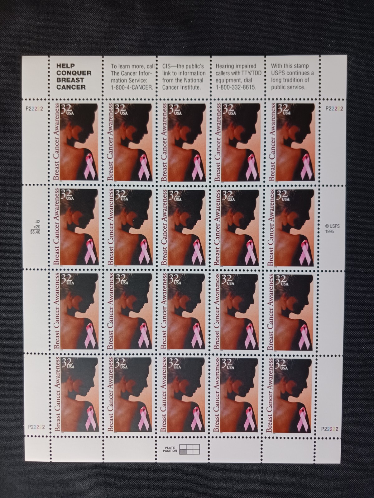 Scott #3081 Breast Cancer Awareness Full Sheet of 20 32¢ Stamps