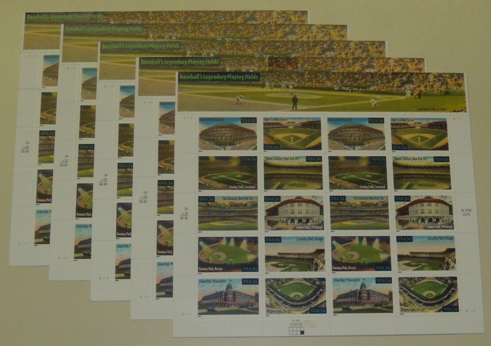 Two x 20 = 40 of BASEBALL’S LEGENDARY PLAYING FIELDS 34¢ US Stamps USA 3510-3519