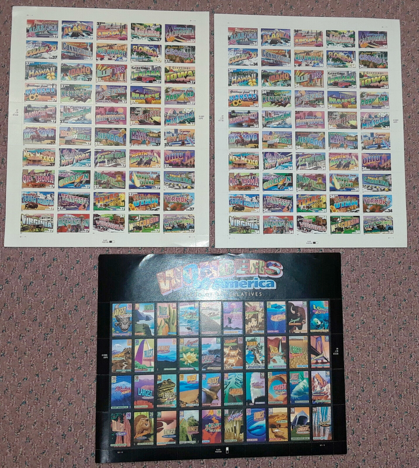 Combo 1 each GREETINGS FROM AMERICA 34¢ & 37¢ & WONDERS OF AMERICA 39¢ US Stamps