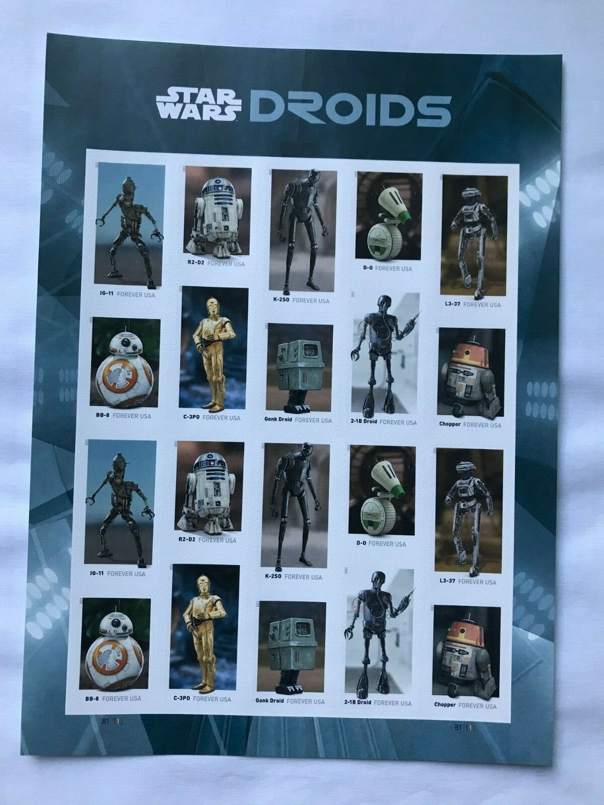 US Stamp, #5573-5582, “Star Wars Droids” Sheet of 20, Forever, 2021, MNH