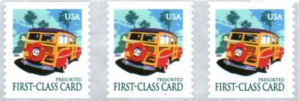 Scott#: 3522 – Woody Wagon 15¢ 2001 APC/SSP Strip of Three self-adhesive
