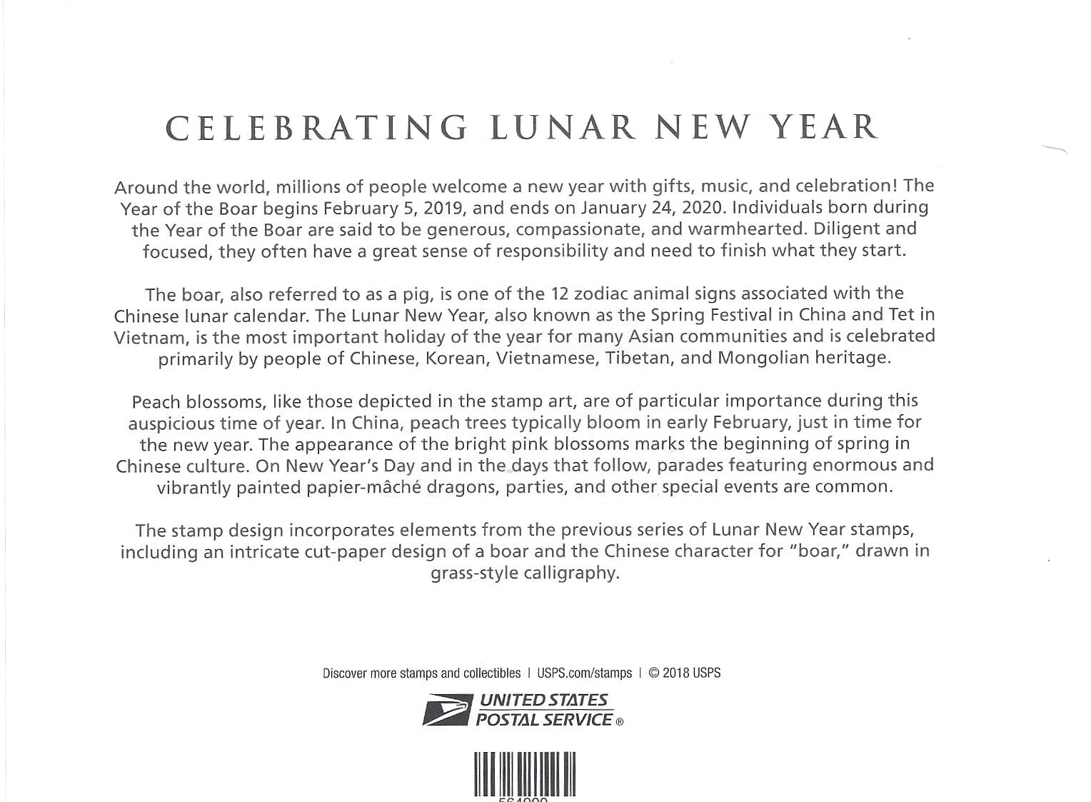 Celebrating Lunar New Year – Boar FDI Memento with 12 Forever Stamps Scott #5340