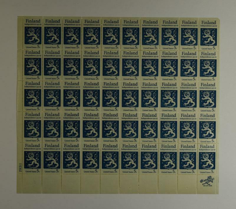 US SCOTT 1334 PANE OF 50 FINLAND INDEPENDENCE STAMPS 5 CENT FACE MNH