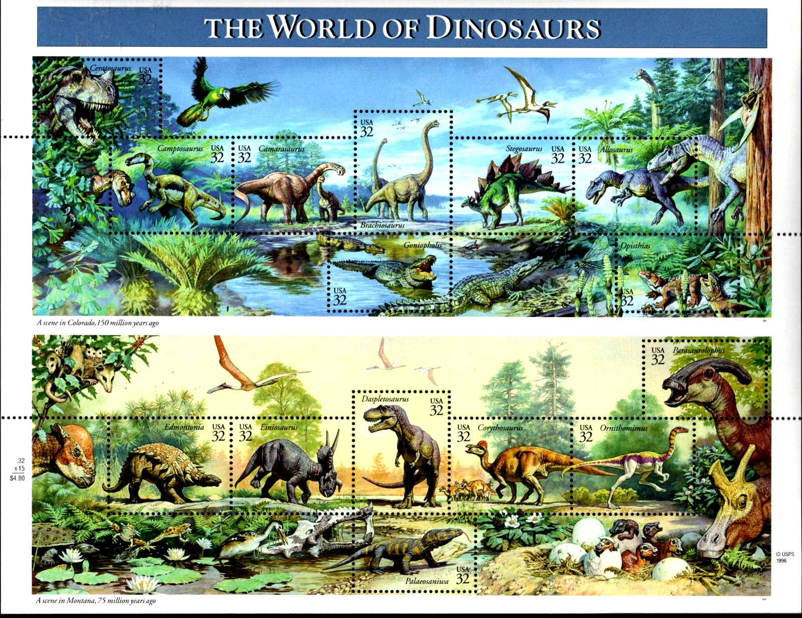 US Stamps – 8 sheets Trains/Dinosaurs/Space/Aircraft/Animals (Face Value $54.50)