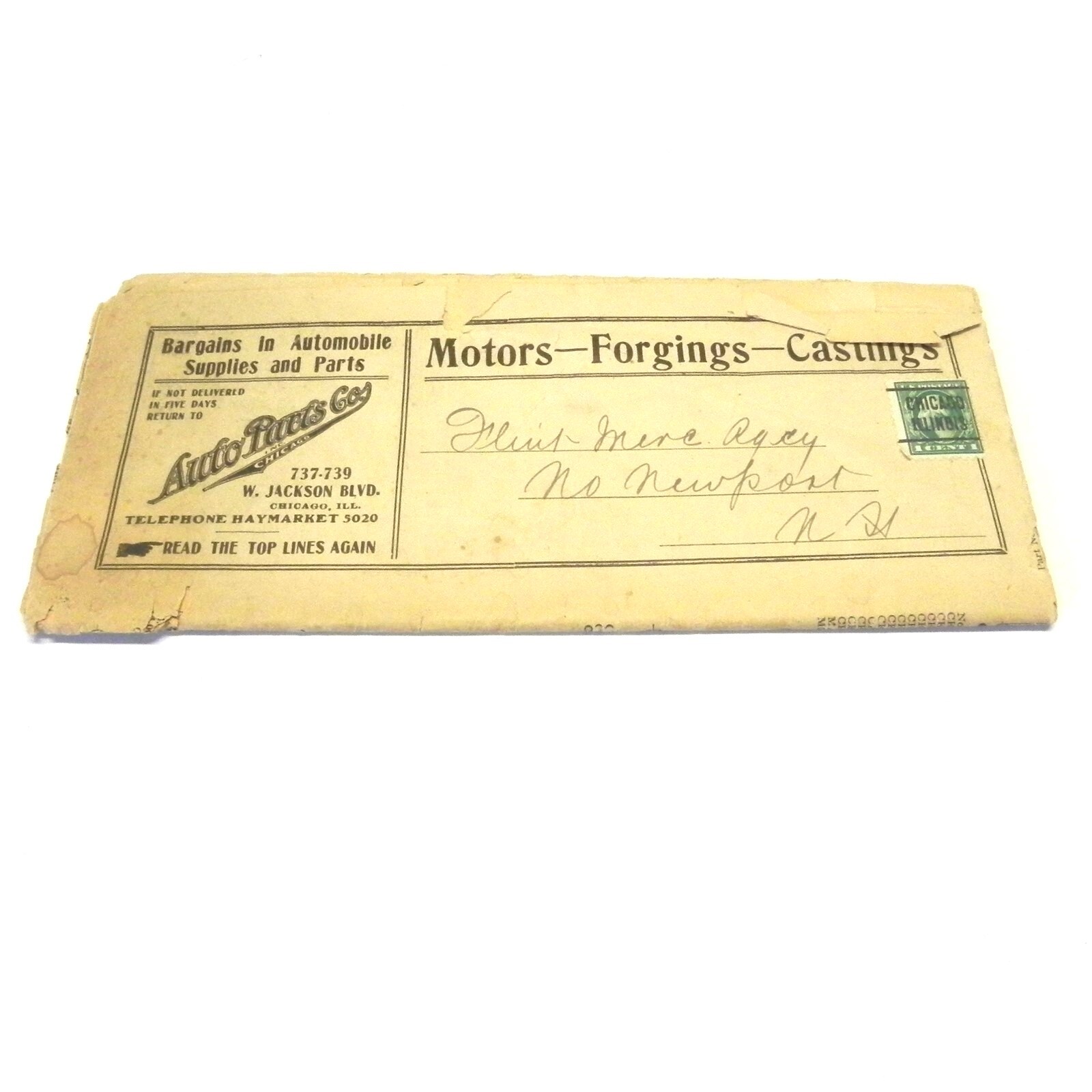 1912-22 1 CENT STAMP RARE GEORGE WASHINGTON LEFT FACING GREEN ON AUTO PARTS MAIL