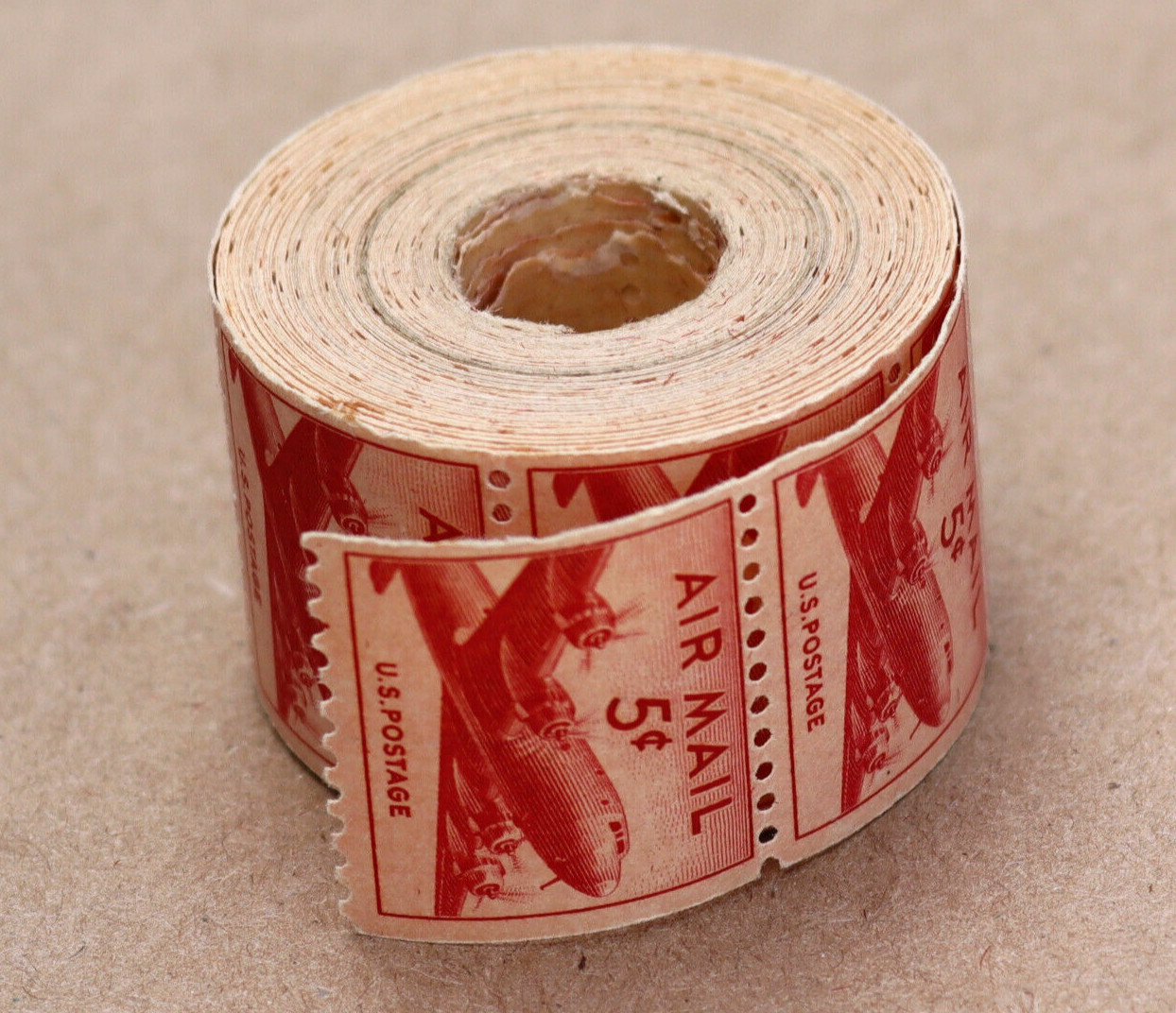 Vintage Red Air Mail 5 Cent Postage Stamp Roll 300+ Unused Stamps 5C C37 1948