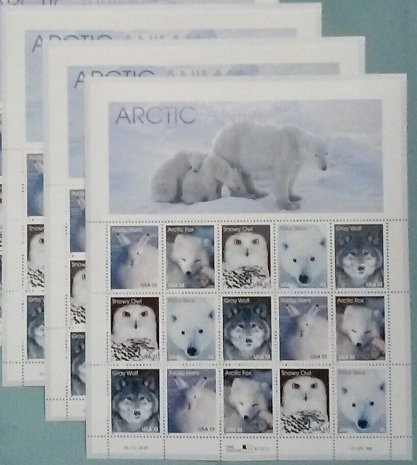 Four Souvenir Sheets x 15 = 60 of ARCTIC ANIMALS 33¢ US Stamps. USA Sc 3288-3292