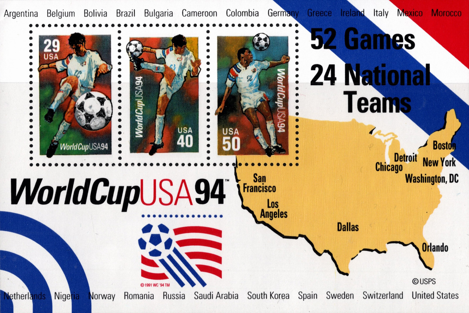 USA 1994 FIFA WORLD CUP SOCCER SOUVENIR SHEET THREE STAMPS SCOTT 2837 MNH
