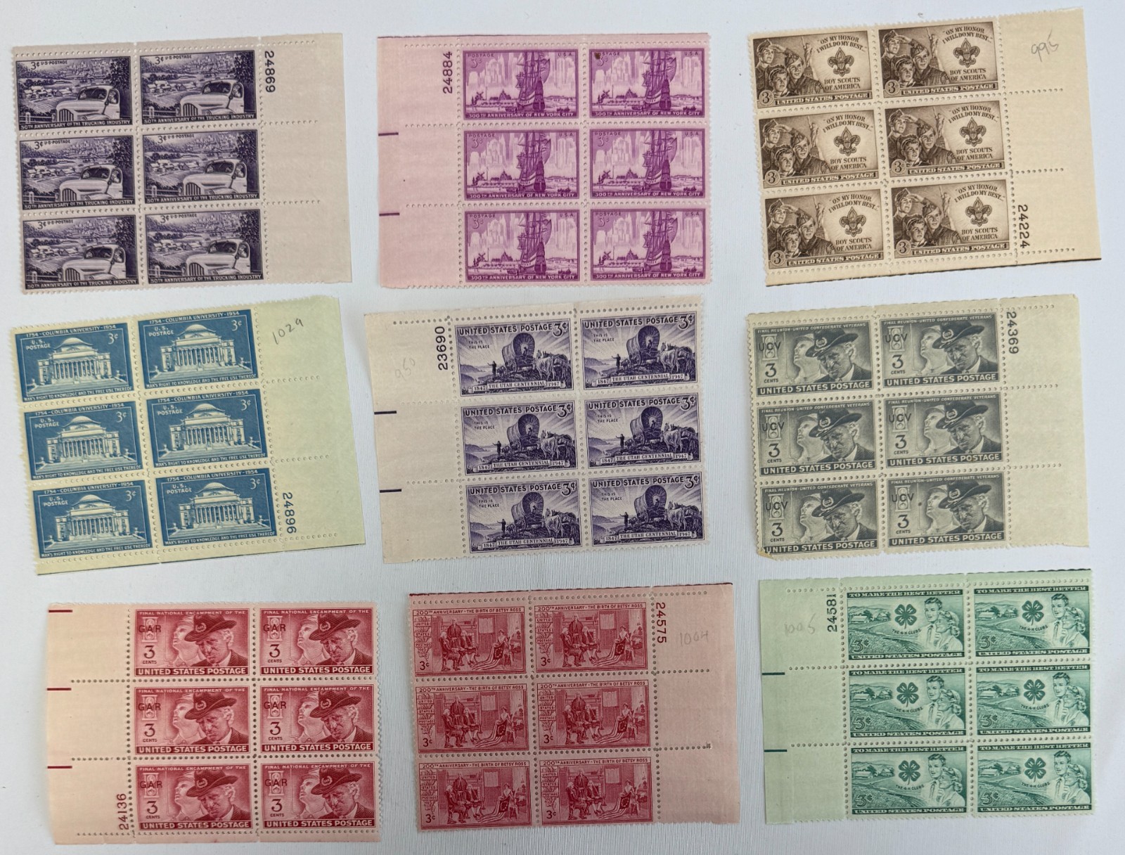 US Commemorative Plate Block Collection 1947-1954 MNH Americana History Scouts