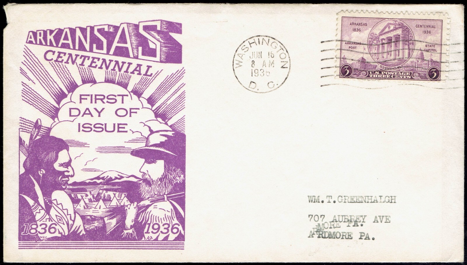 US 782 Arkansas Centennial 3c Stamp on Dyer Cachet Not FDC description F782-2