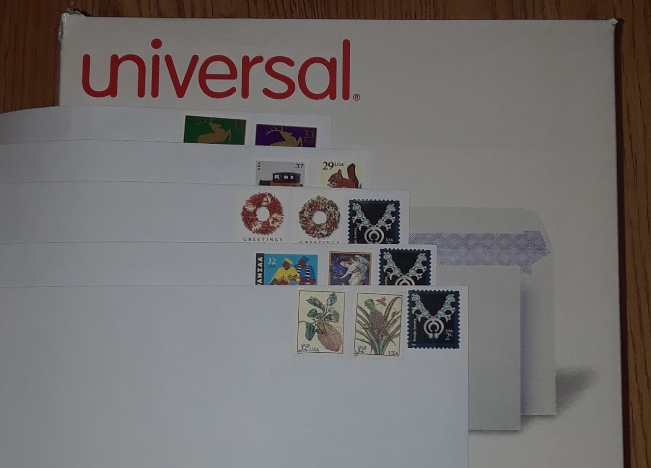 100 #10 Pull & Seal Security White Wove 24lb Envelopes COMBO 73¢ Christmas stamp