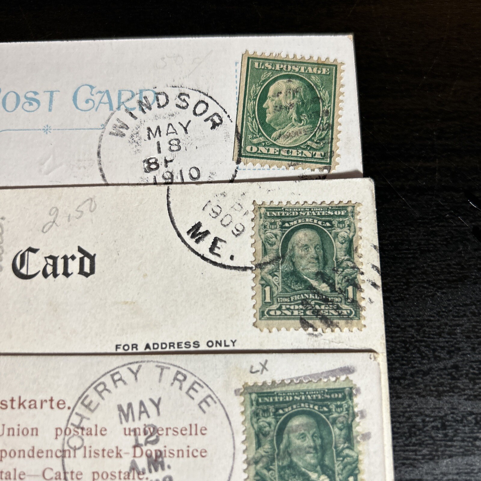 1 Cent Stamps Green Ben Franklin Stamp Postal Postmarked 1907-1910 Rare x 4