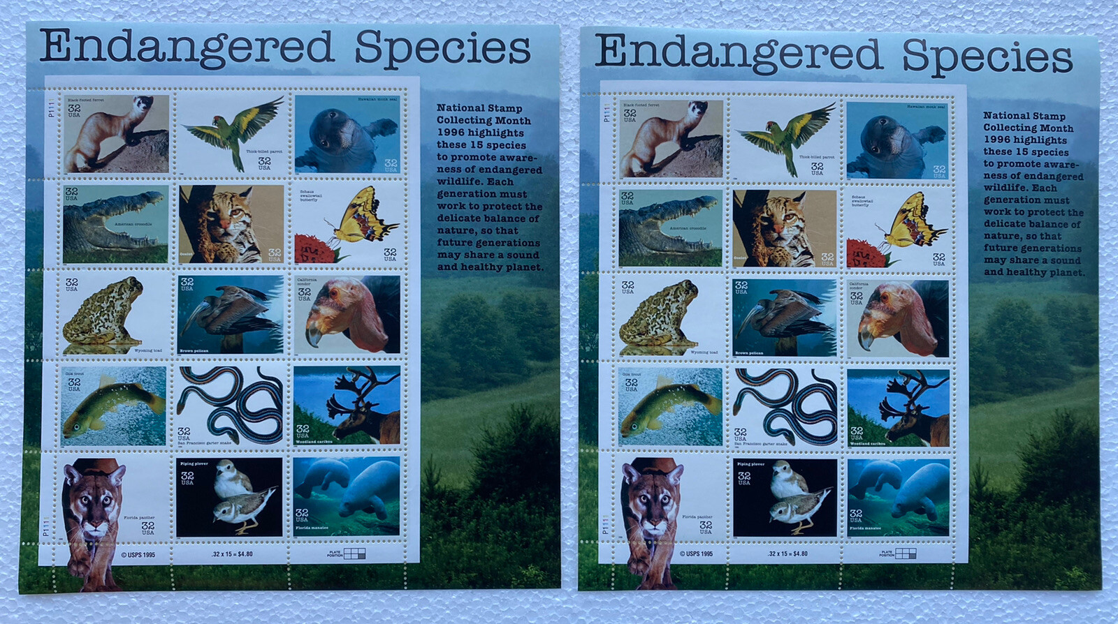 1995 USPS Endangered Species stamps 2 Sheets 30 Stamps x 32c MNH Free Shipping