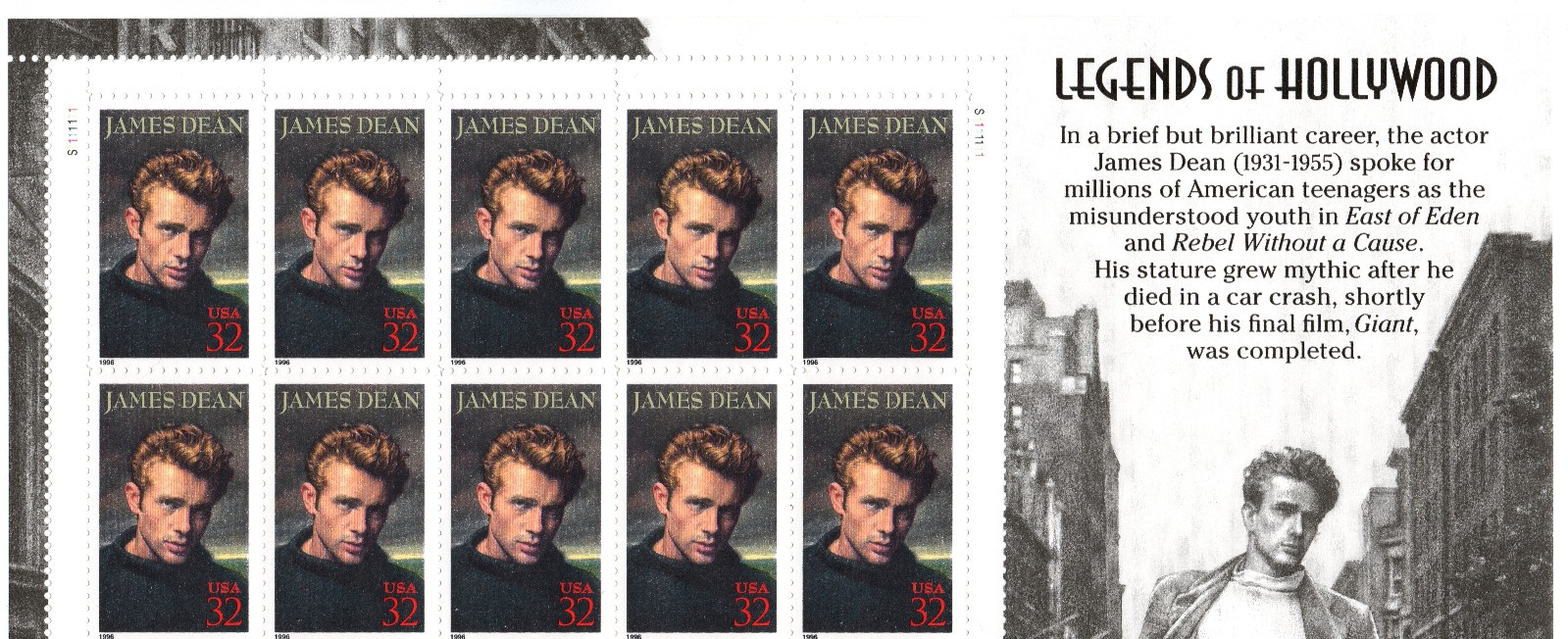 Scott #3082 Legends of Hollywood James Dean Pane of 20 32¢ Stamps 1996 NH, OG