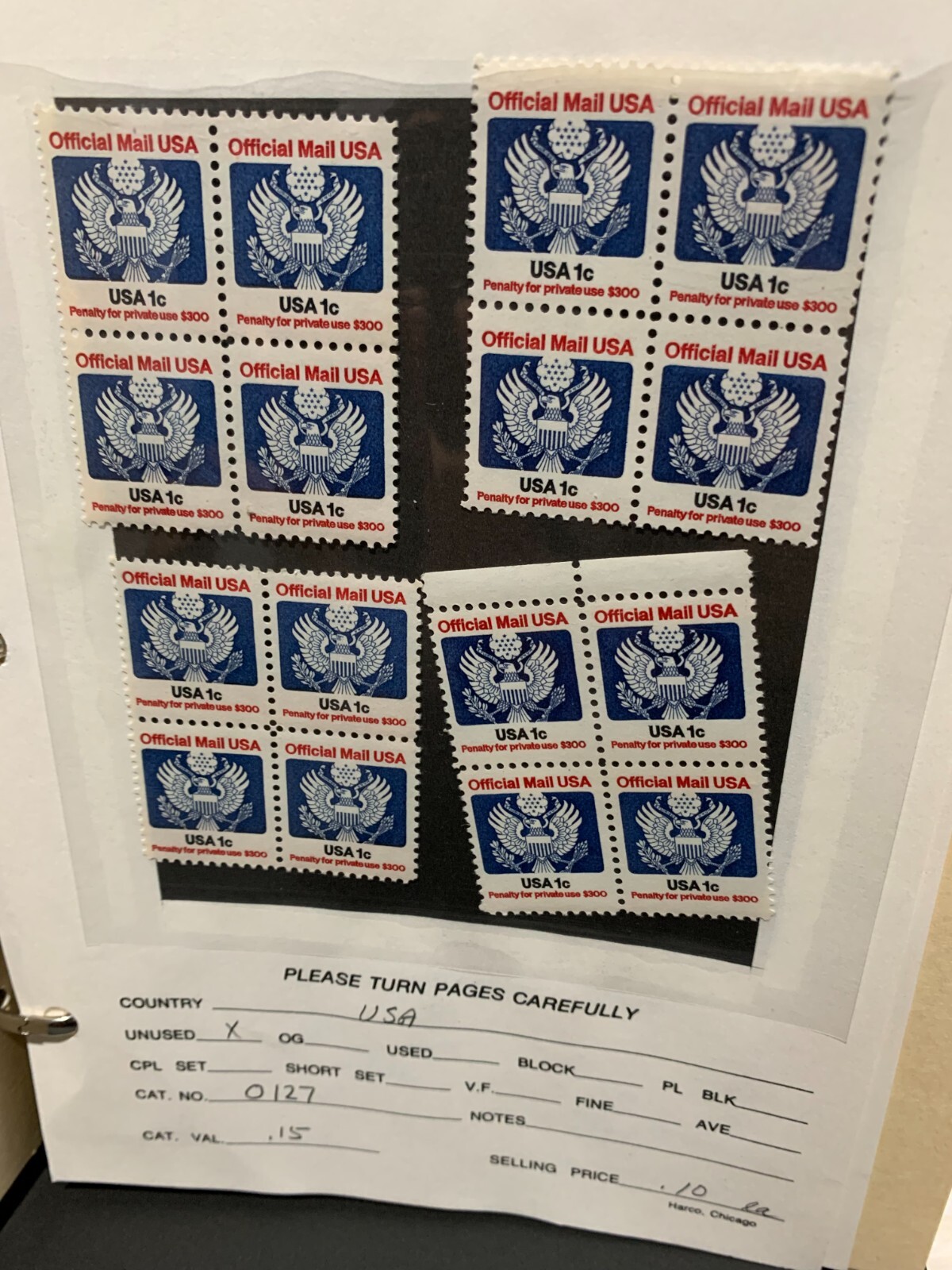 Official Mail 1983 1 Cent Scott O127 4x Block (16 pcs) Unused