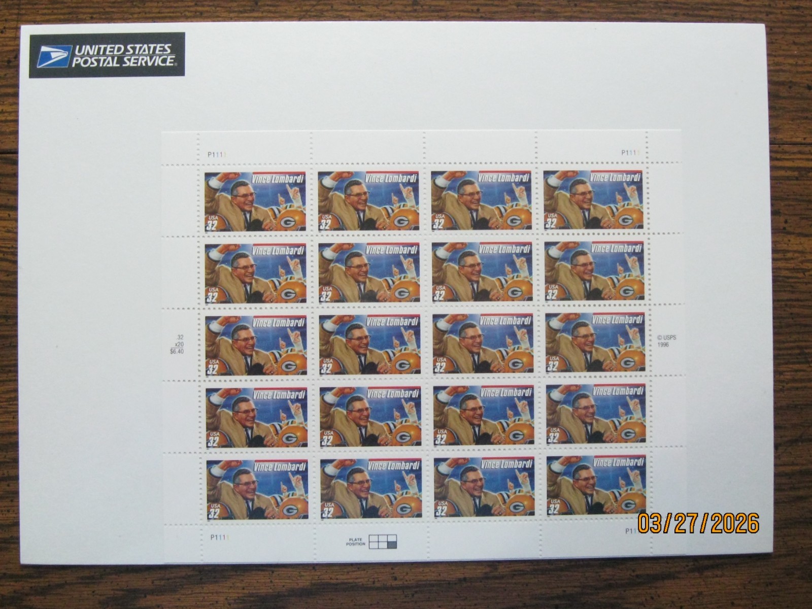 1996 VINCE LOMBARDI STAMPS SEALED UNCUT USPS PRESENTATION BLOCK OF 20 STAMPS