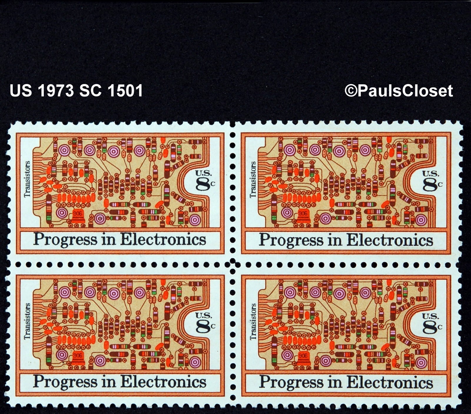 US 1973 SC 1501 PROGRESS IN ELECTRONICS 8¢ BLOCK OF 4 MNG F/VF