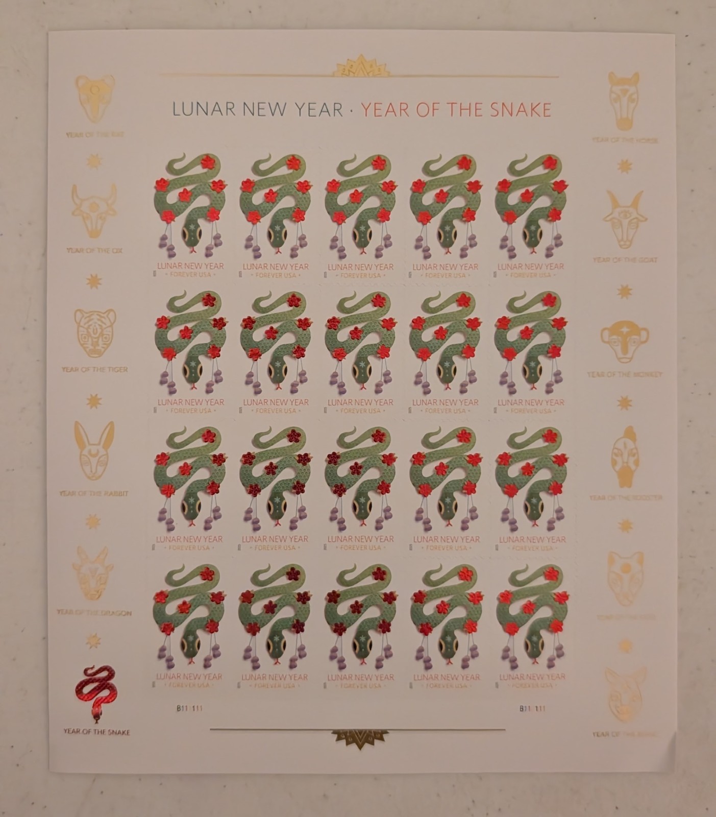 USPS Lunar New Year Year of the Snake Forever Stamps Full Sheet of 20