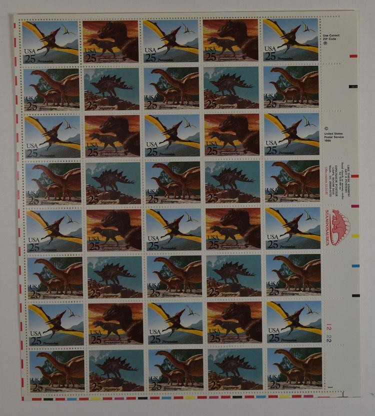 US SCOTT 2422 – 25 PANE OF 40 DINOSAUR STAMPS 25 CENT FACE MNH