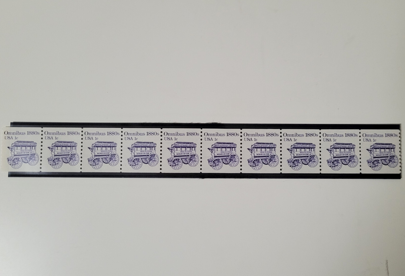 US 1880s Omnibus Stamps Coil Line 1c Transportation Series Strip of 10 #2225