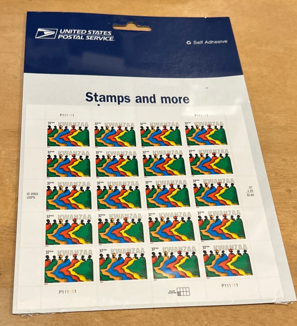 USPS 37 cent Kwanzaa Stamps, Sheet of 20, New in Sealed Package, Self Adhesive