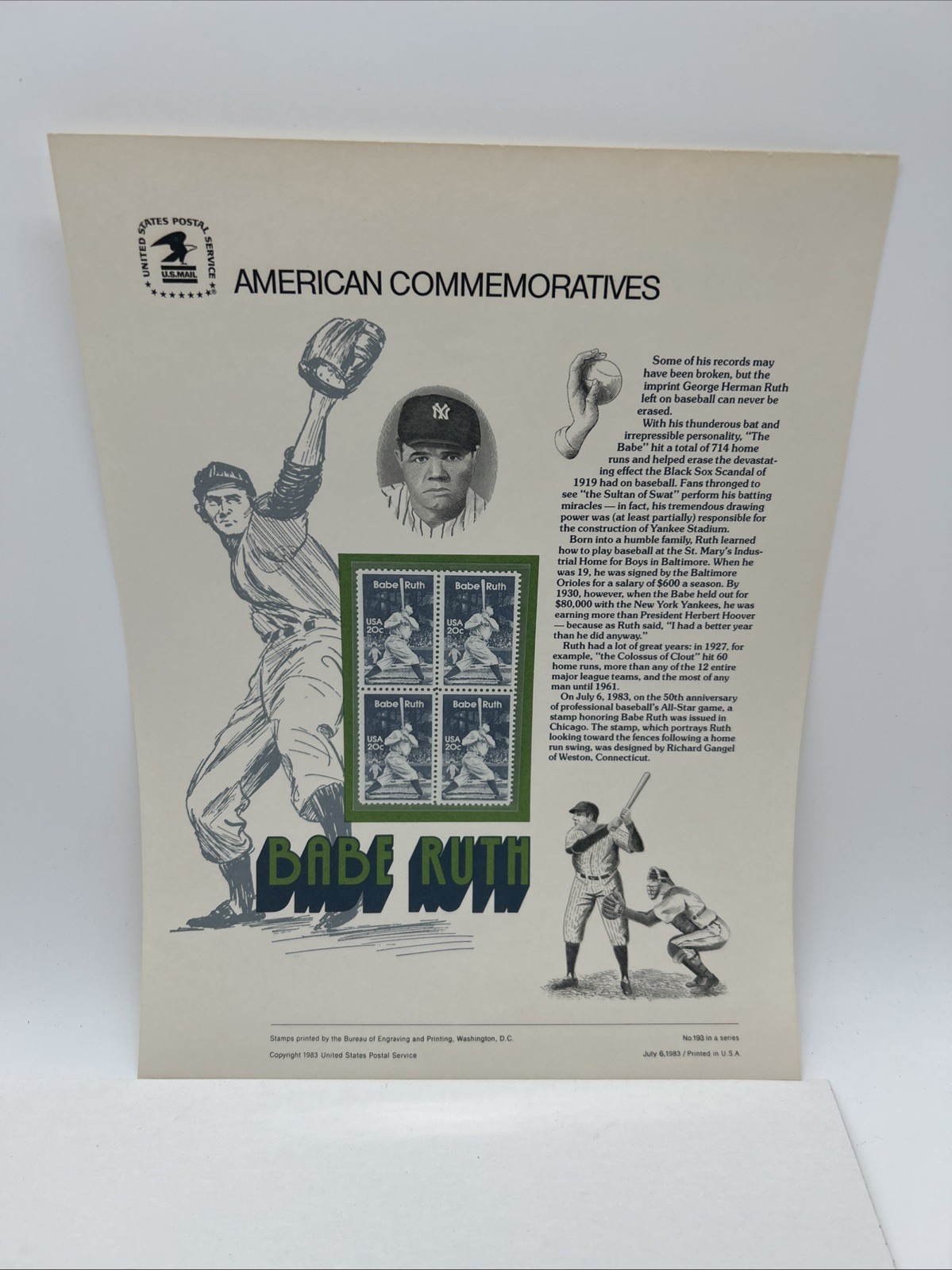American Commemoratives Babe Ruth USPS Stamps Panel 193 July 6, 1983 Baseball