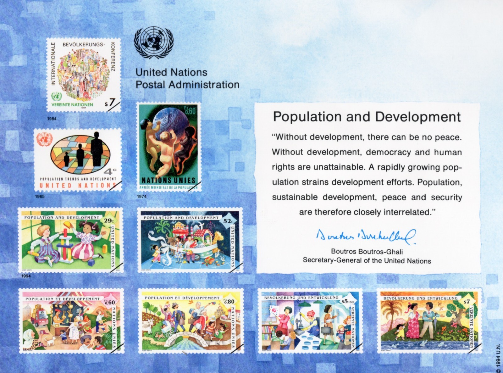 Printed Stamps Postcard Population And Development United Nations 1994 NEW