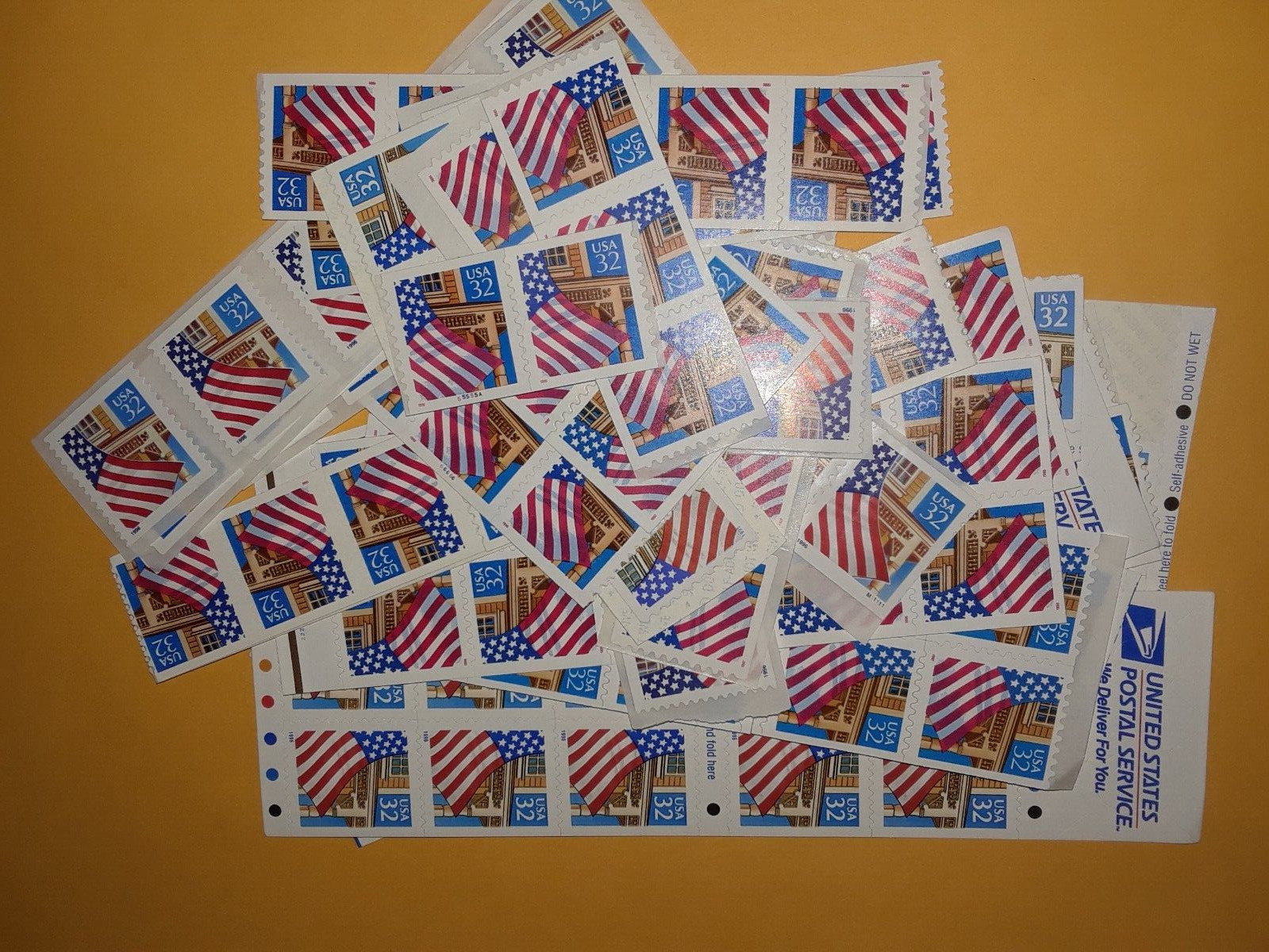 Unused 70 of Strips & Singles of 32¢ Flag Over Porch US Postage Stamps FV $22.40