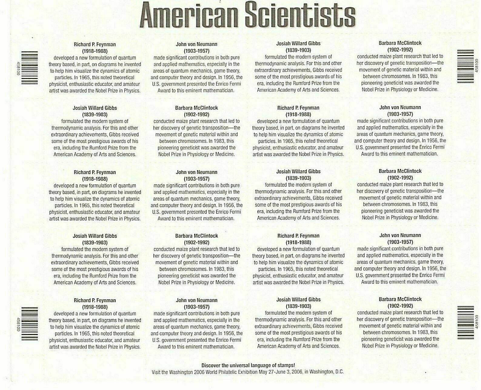 Four Sheets x 20 = 80 of AMERICAN SCIENTISTS 37¢ US Postage Stamps. Sc 3906-3909