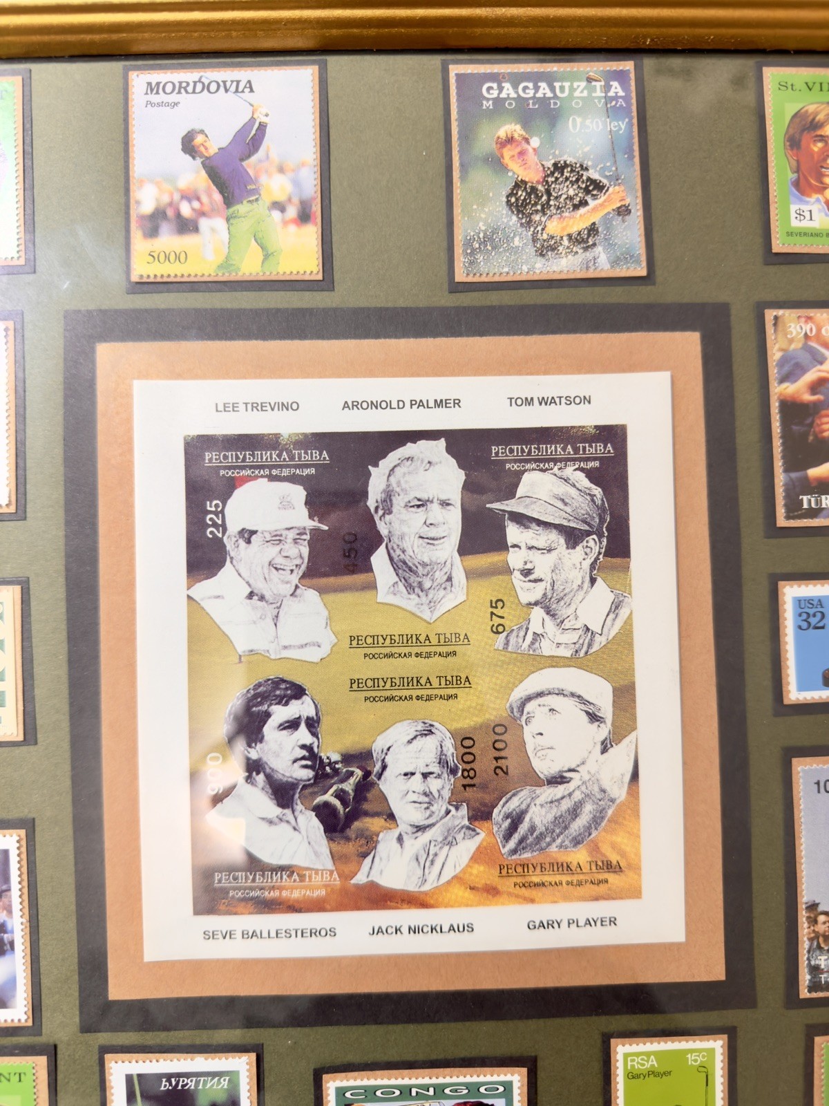 Framed Golf Stamp Collage Arnold Palmer Nicklaus Trevino Watson Woods 21×17