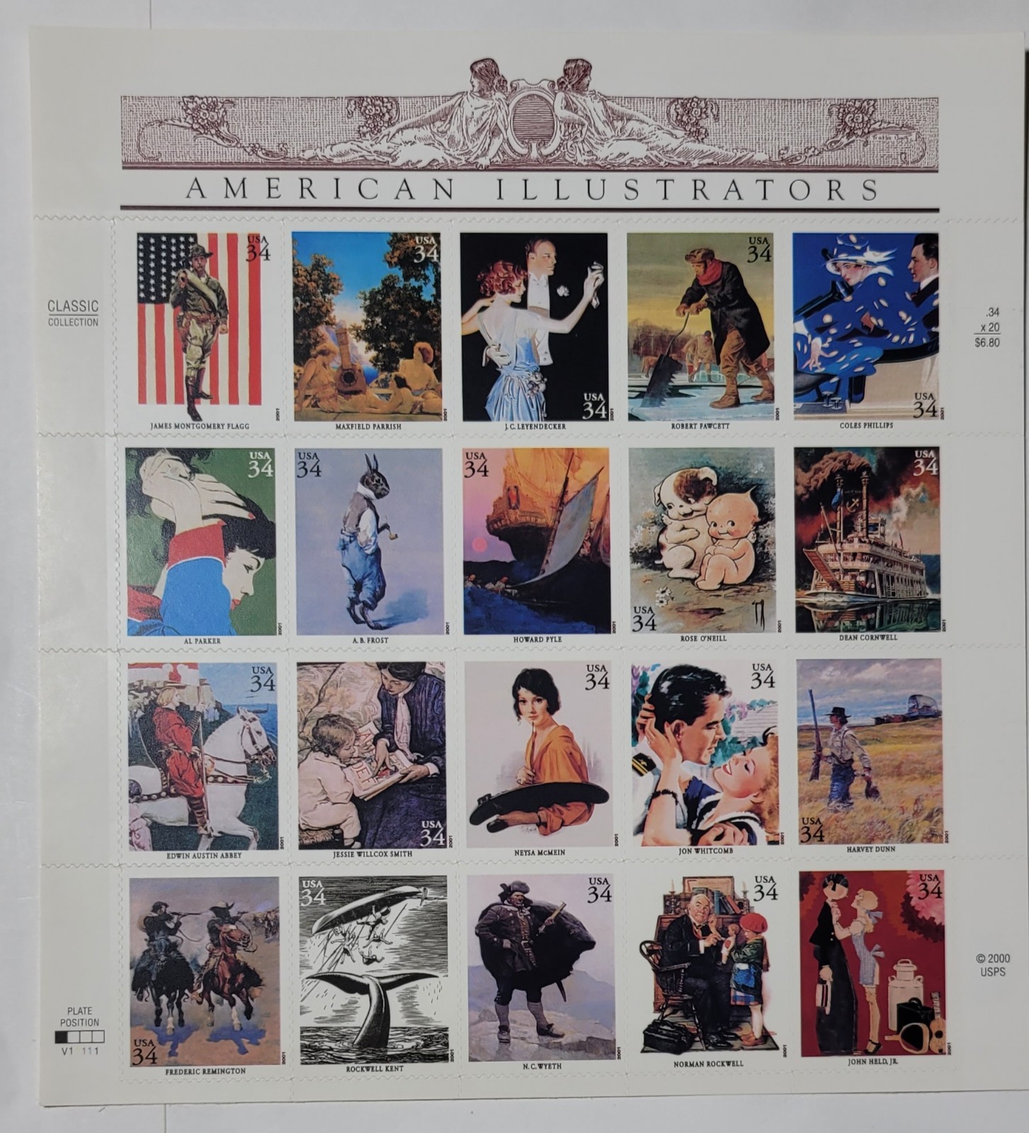 American Illustrators Sheet of 20 34¢ Stamps 2001 MNH Scott 3502