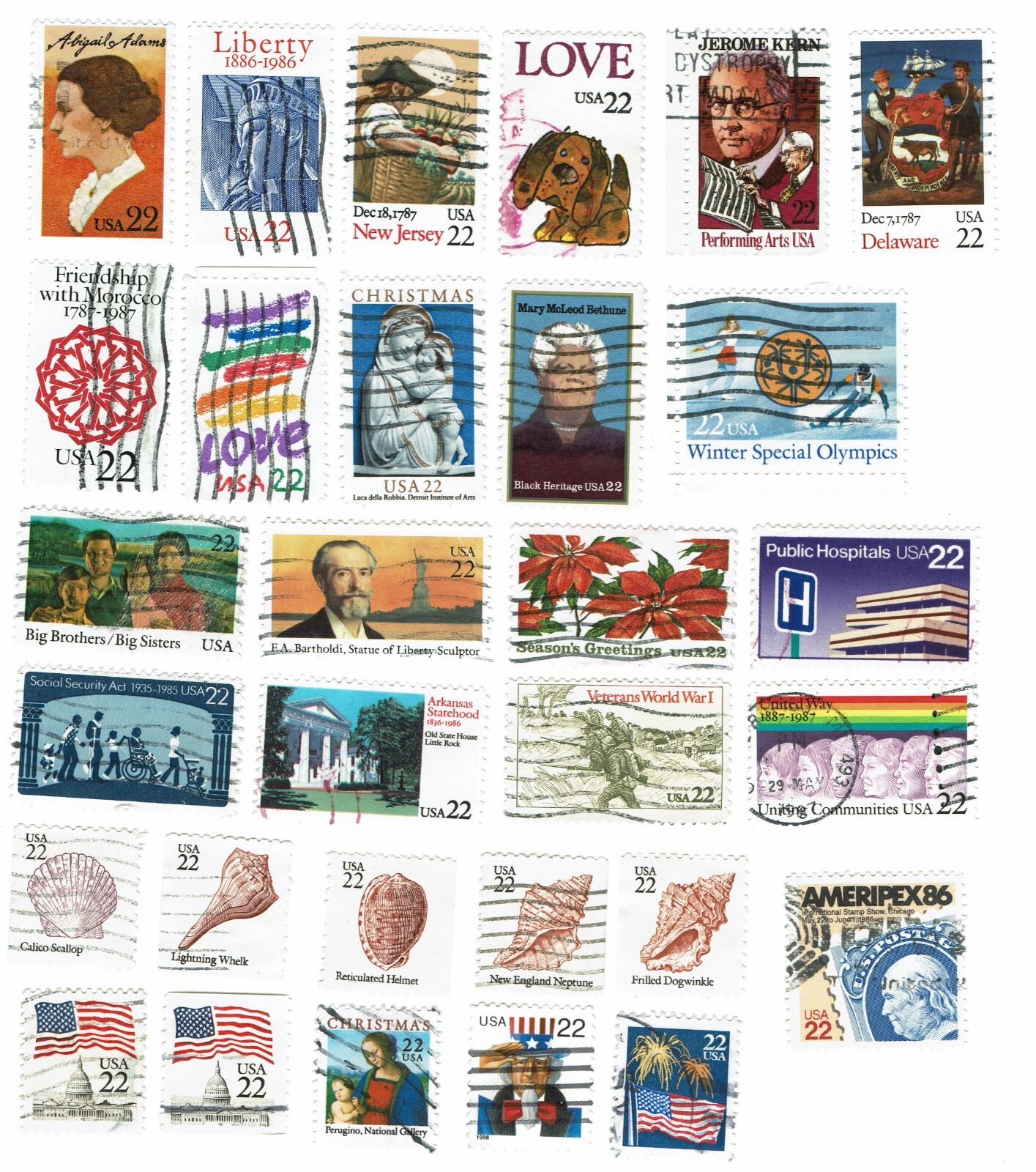 30 DIFFERENT 22c U.S. STAMPS – USED