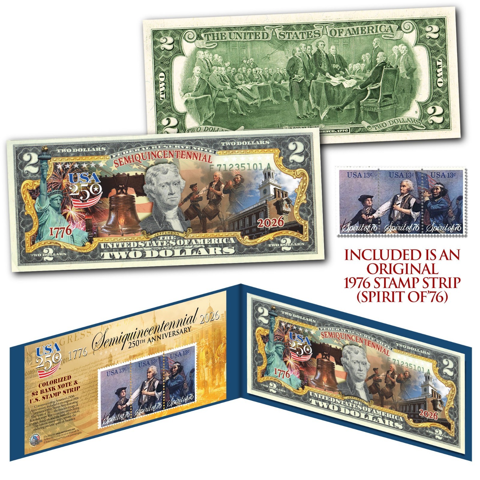 America 250th Anniversary Spirit of ’76 Stamp Strip X July 4th USA250 $2 US Bill