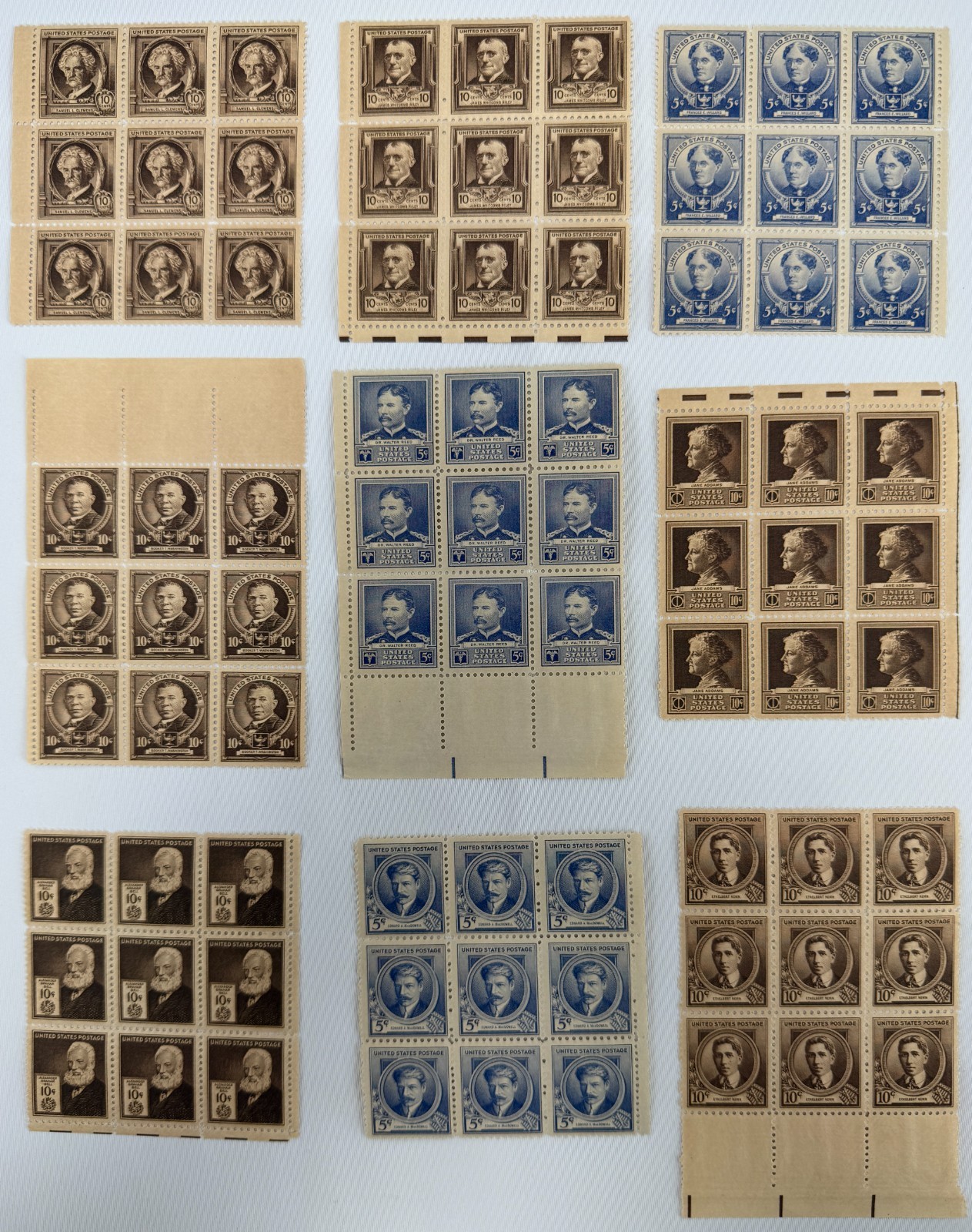 Lot of 9 Mint Never Hinged USPS Stamp Blocks 1940–1949 Famous Americans