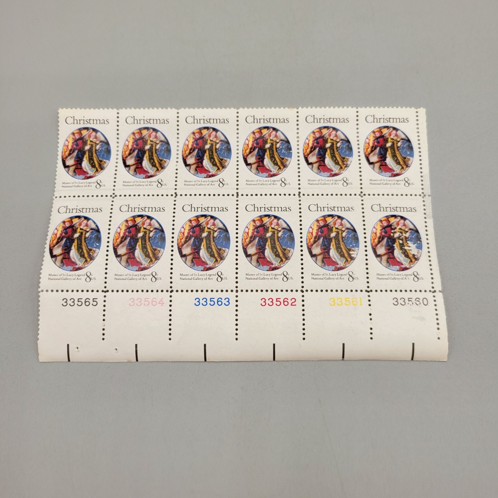 1970s USPS Christmas Master of St Lucy Legend Pane of 12 8 Cent Stamps