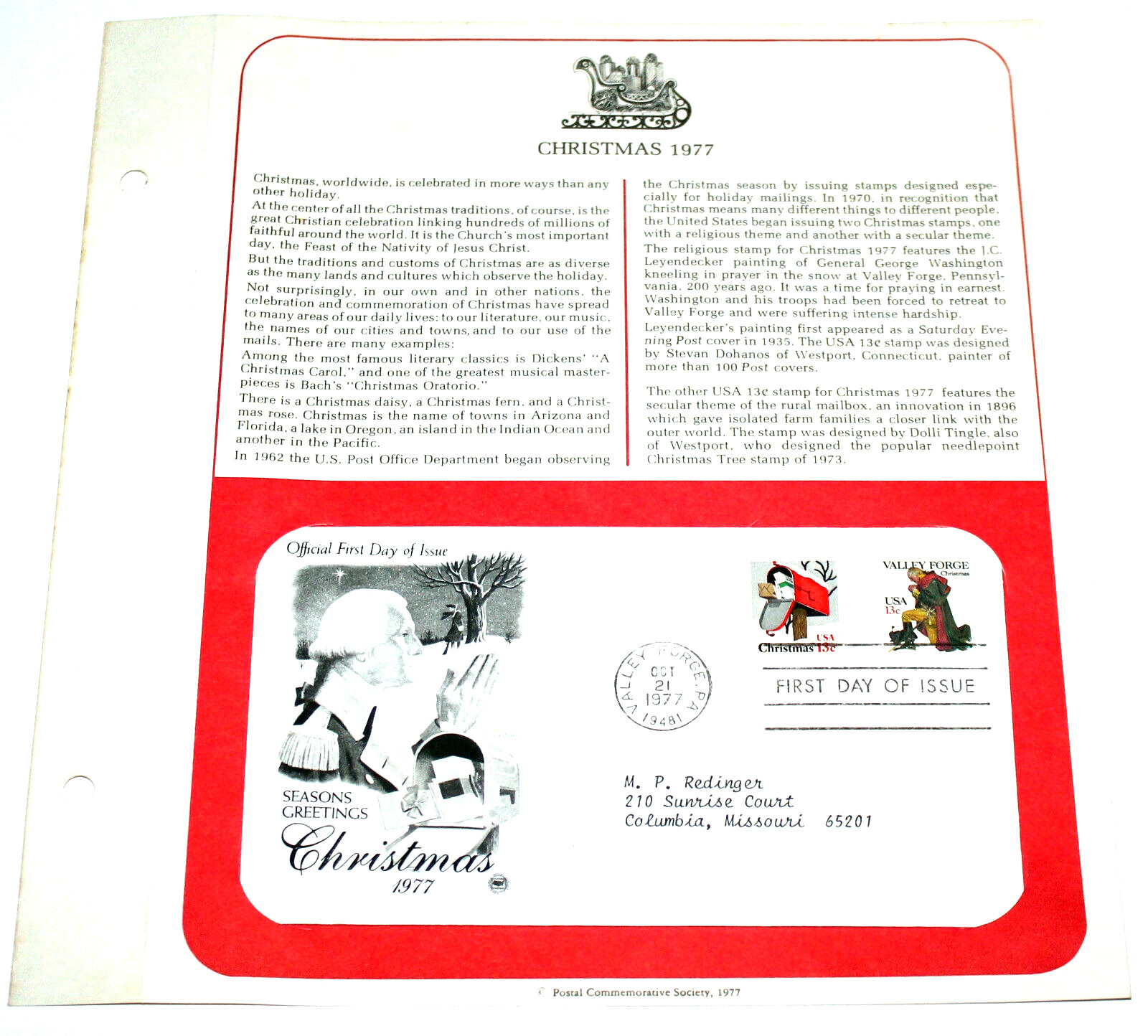 First Day of Issue Souvenir Page Christmas Valley Forge 1977 Stamp