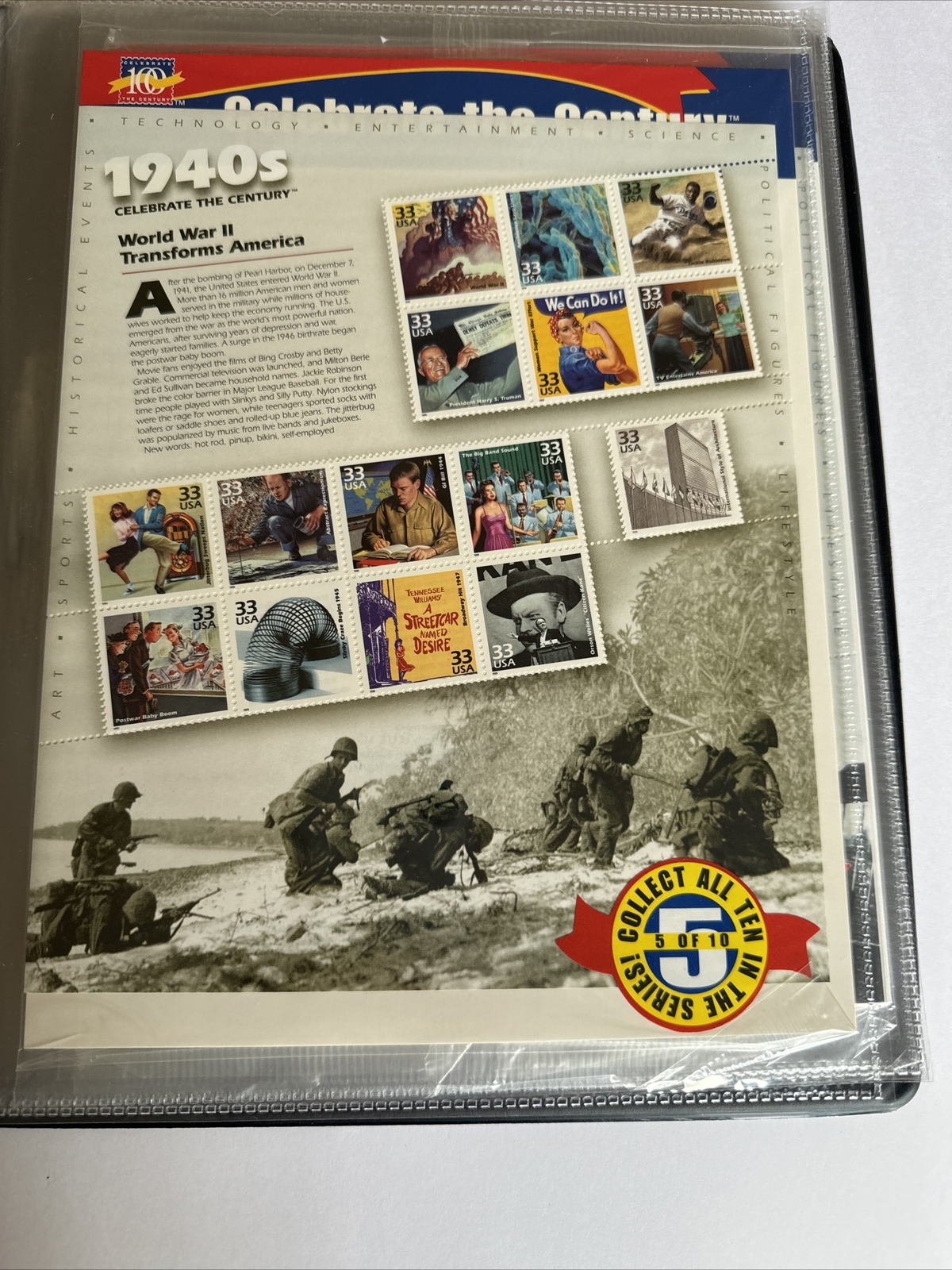 Celebrate the Century USPS Stamps 1900s-1990s In Binder USPS 10 Page Set